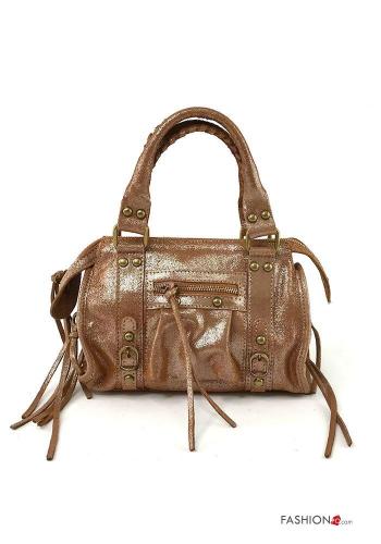 metallic Genuine Leather Shoulder bag with zip with fringe with studs