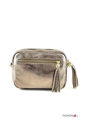 metallic Genuine Leather Shoulder bag with zip with shoulder strap