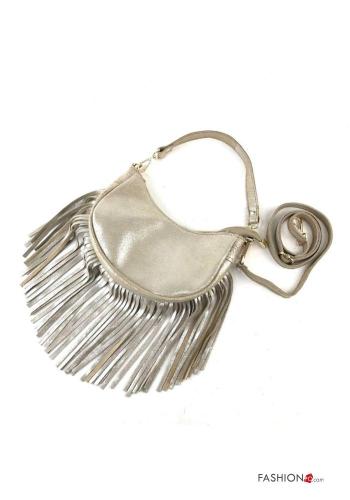 metallic Genuine Leather Bag with zip with shoulder strap with fringe