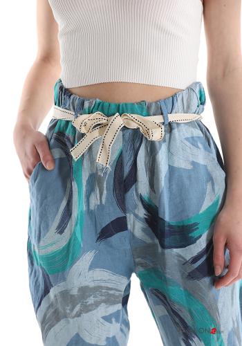 Pantalone in Lino Fantasia astratta con tasche con nastro - ph 4