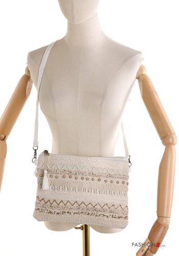 Pochette in Cotone Fantasia ricamata con zip con tracolla