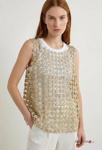 Besticktes Muster ärmellos u-boot ausschnitt netz Tank-Top - ph 1