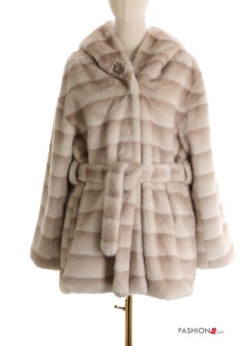 Manteau fourrure synthétique avec ceinture à capuche avec strass - ph 1