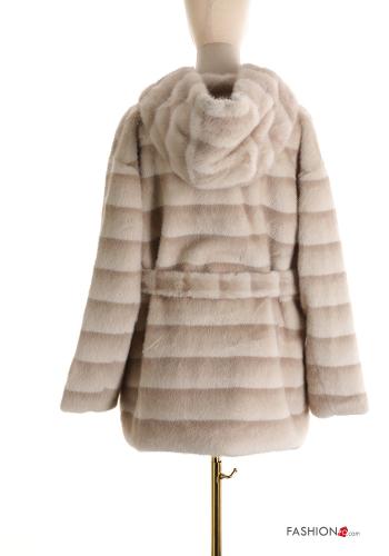 Manteau fourrure synthétique avec ceinture à capuche avec strass - ph 2