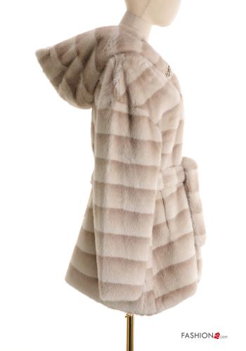 Manteau fourrure synthétique avec ceinture à capuche avec strass - ph 3