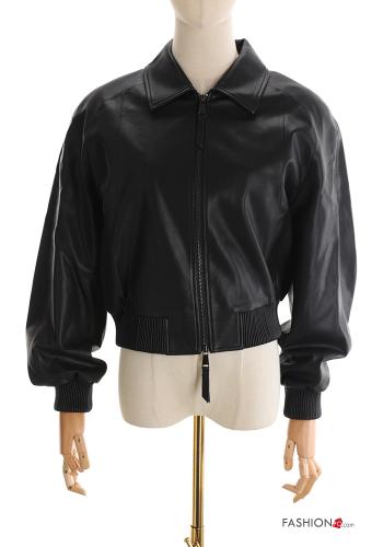 faux leather with collar Biker Jacket with zip with elastic - ph 1