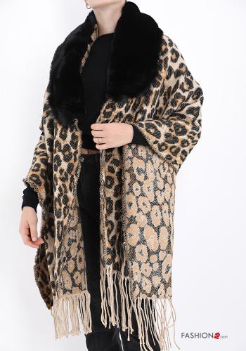 Poncho pelliccia sintetica Fantasia animalier con frange