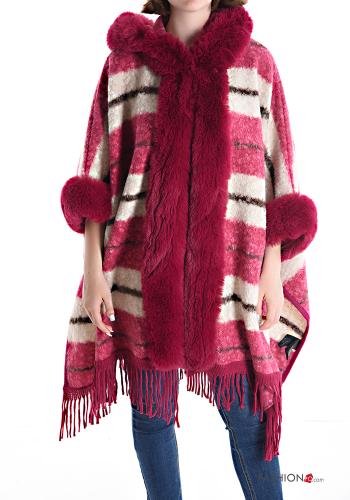 Tartan faux fur Cape with hood with fringe - ph 1