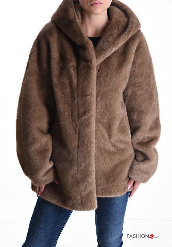 Kunstfell lange ärmel Jacke mit Taschen mit Kapuze - ph 1