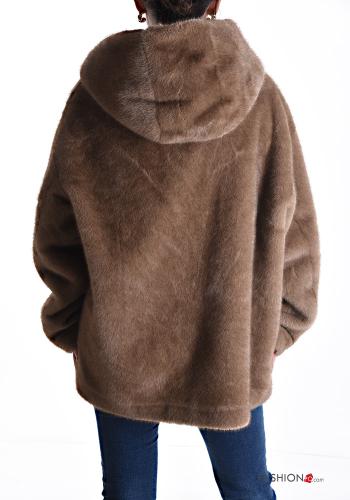 Kunstfell lange ärmel Jacke mit Taschen mit Kapuze - ph 2