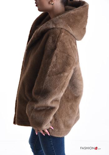 Kunstfell lange ärmel Jacke mit Taschen mit Kapuze - ph 3
