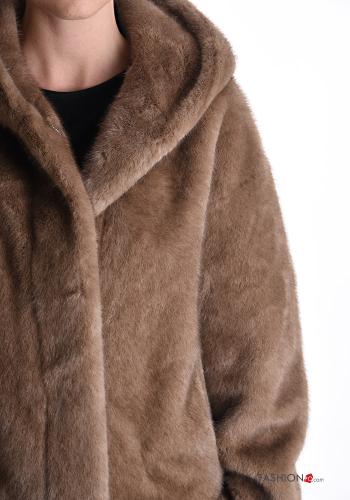 Kunstfell lange ärmel Jacke mit Taschen mit Kapuze - ph 4