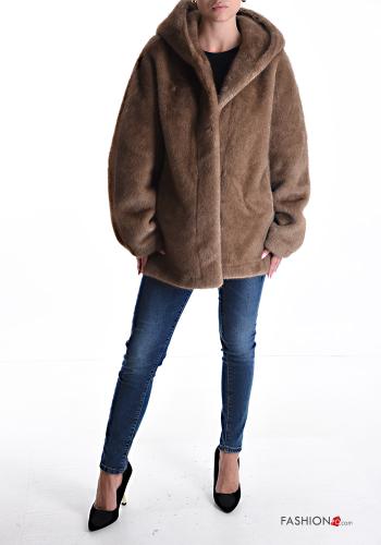 Kunstfell lange ärmel Jacke mit Taschen mit Kapuze - ph 5