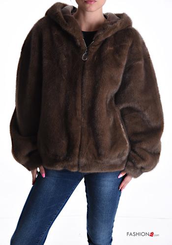 Manteau fourrure synthétique manches longues avec poches à capuche avec fermeture éclair