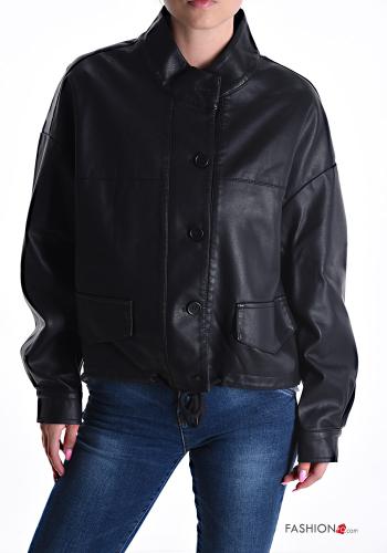 faux leather with collar Biker Jacket with buttons with lining