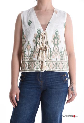 Embroidered adjustable sleeveless Linen Top with v-neck - ph 1