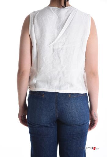 Embroidered adjustable sleeveless Linen Top with v-neck - ph 2