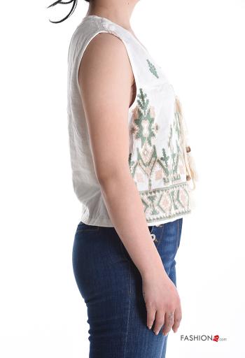 Embroidered adjustable sleeveless Linen Top with v-neck - ph 3