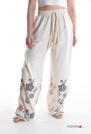 Embroidered wide leg Linen Trousers with pockets with elastic