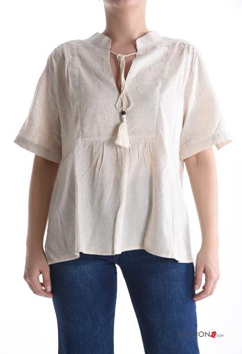Embroidered short sleeve Linen T-shirt with string