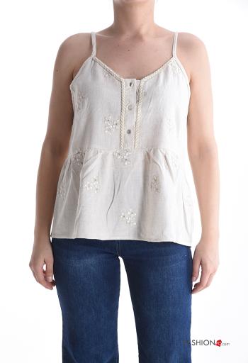 Top in Lino regolabile scollato sulla schiena Fantasia ricamata scollo a V