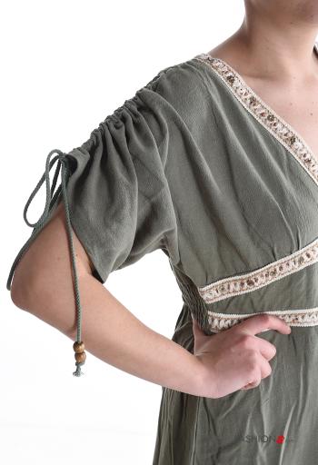 Abito in Lino maniche corte lungo scollo a V con coulisse - ph 4