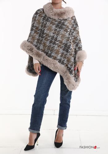 Poncho in Misto Lana pelliccia sintetica Fantasia pied de poule