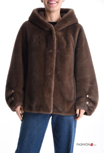 Cappotto in Pelliccia ecologica con strass con bottoni con cappuccio senza fodera con tasche - ph 1