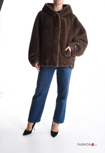 Cappotto in Pelliccia ecologica con strass con bottoni con cappuccio senza fodera con tasche - ph 5
