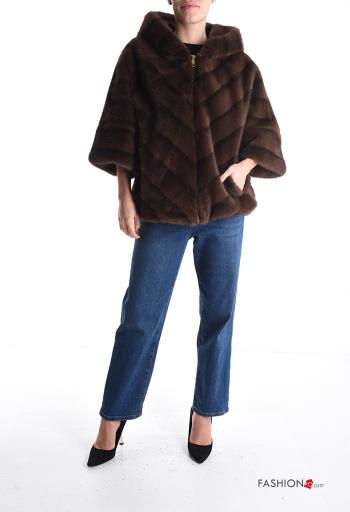 Cappotto in Pelliccia ecologica corto maniche a tre quarti con fodera con zip con cappuccio - ph 5