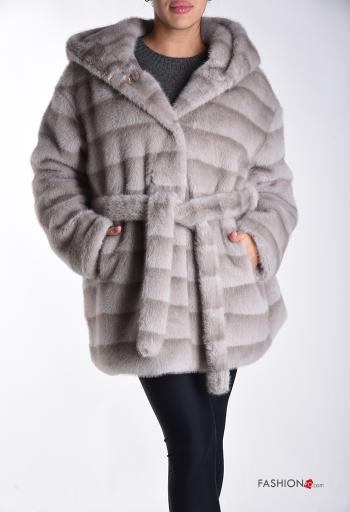 Ecological Fur Coat with buttons with hood with lining with pockets with belt - ph 1