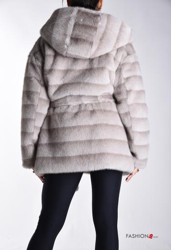 Ecological Fur Coat with buttons with hood with lining with pockets with belt - ph 2