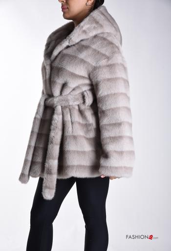 Ecological Fur Coat with buttons with hood with lining with pockets with belt - ph 3