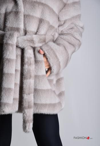 Ecological Fur Coat with buttons with hood with lining with pockets with belt - ph 4