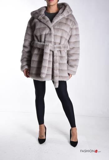 Ecological Fur Coat with buttons with hood with lining with pockets with belt - ph 5