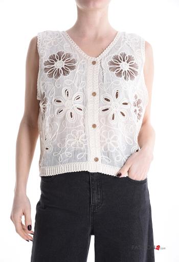 Top in Cotone senza maniche Fantasia ricamata con bottoni scollo a V