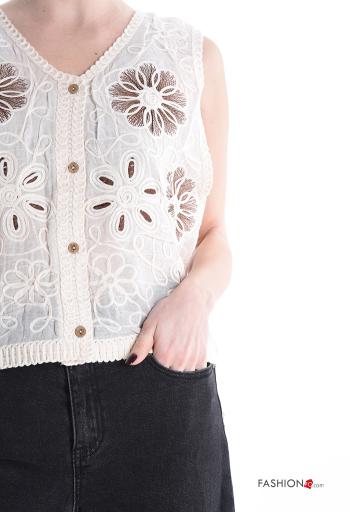 Top in Cotone senza maniche Fantasia ricamata con bottoni scollo a V - ph 4