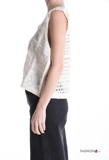 Top in Cotone senza maniche Fantasia ricamata con bottoni scollo a V - ph 3