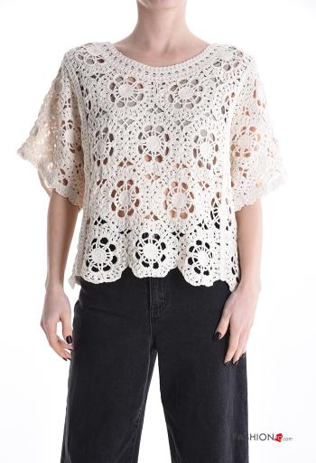 T-shirt in Cotone uncinetto maniche corte girocollo Fantasia ricamata - ph 1