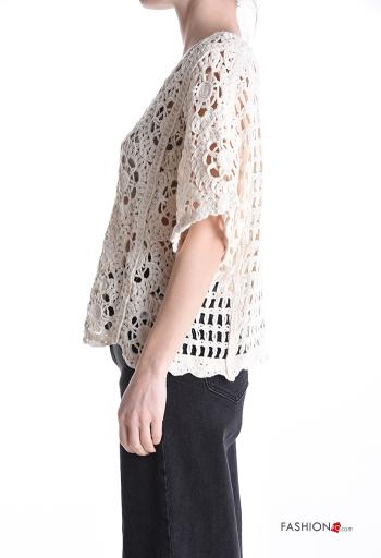 T-shirt in Cotone uncinetto maniche corte girocollo Fantasia ricamata - ph 3