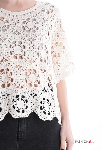 T-shirt in Cotone uncinetto maniche corte girocollo Fantasia ricamata - ph 4