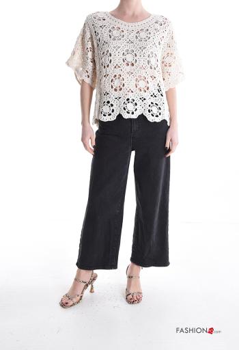 T-shirt in Cotone uncinetto maniche corte girocollo Fantasia ricamata - ph 5
