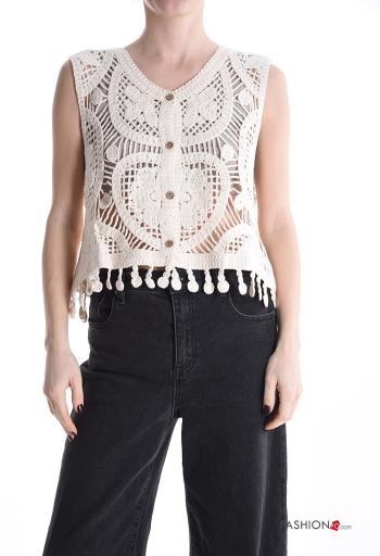 Top en Coton sans manches au crochet à broderie à boutons à franges à col en V