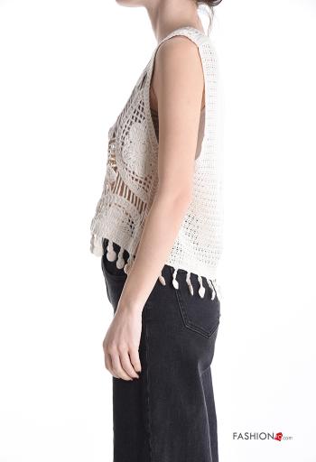 Top en Coton sans manches au crochet à broderie à boutons à franges à col en V - ph 3