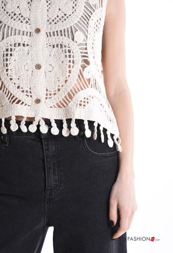 Top en Coton sans manches au crochet à broderie à boutons à franges à col en V - ph 4