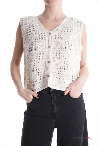 Top en Coton sans manches au crochet à broderie à boutons à col en V