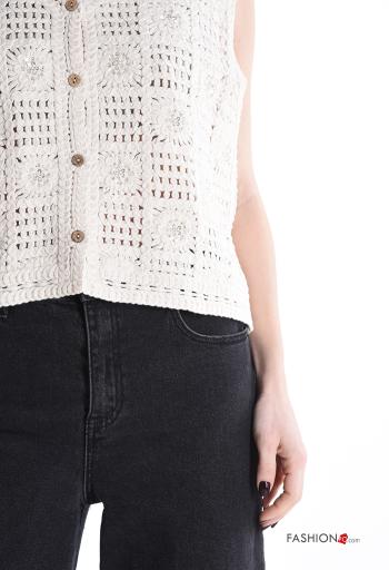 Top en Coton sans manches au crochet à broderie à boutons à col en V - ph 4