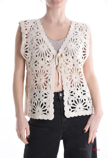 Embroidered sleeveless knitted Cotton Top with bow with v-neck