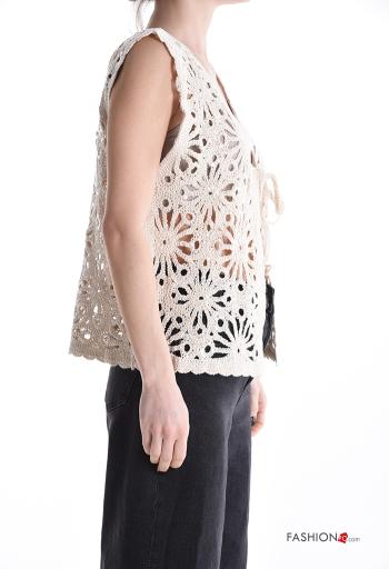 Embroidered sleeveless knitted Cotton Top with bow with v-neck - ph 3