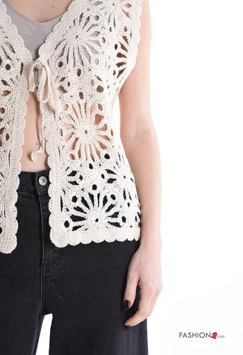 Embroidered sleeveless knitted Cotton Top with bow with v-neck - ph 4